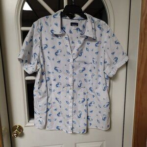Basic Editions White Blue Seahorses Shells Button Down Shirt Size Women's 3X